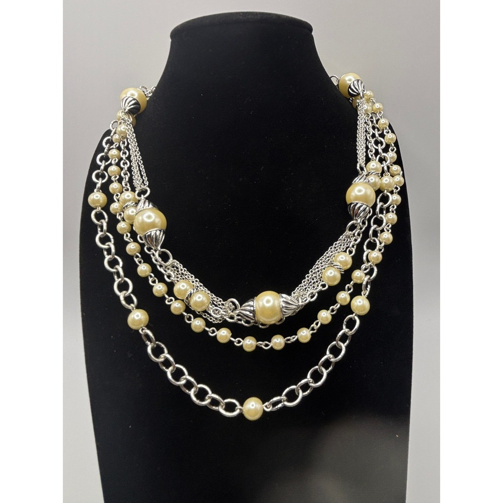 Trifari Pearlessence Multi Strand Faux Pearl Silver Tone Necklace 16" Statement